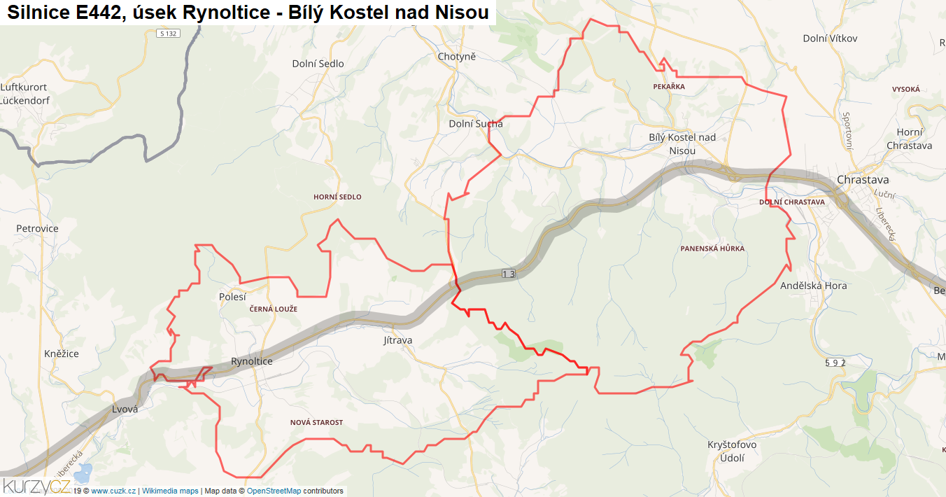 Úsek Rynoltice - Bílý Kostel nad Nisou, Silnice E442 - Mapa