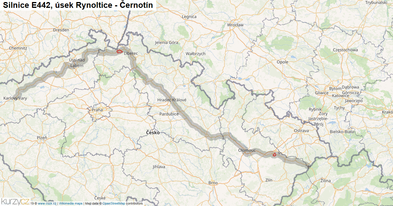Úsek Rynoltice - Černotín, Silnice E442 - Mapa