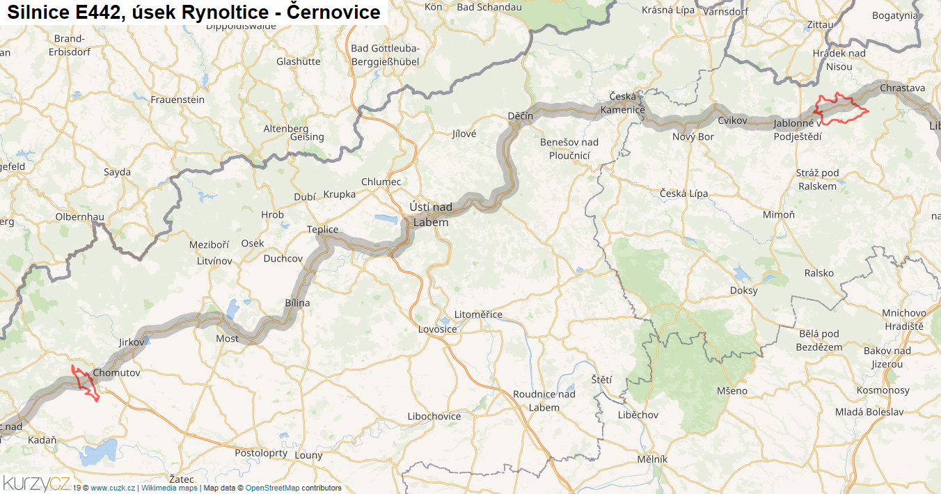 Úsek Rynoltice - Černovice, Silnice E442 - Mapa