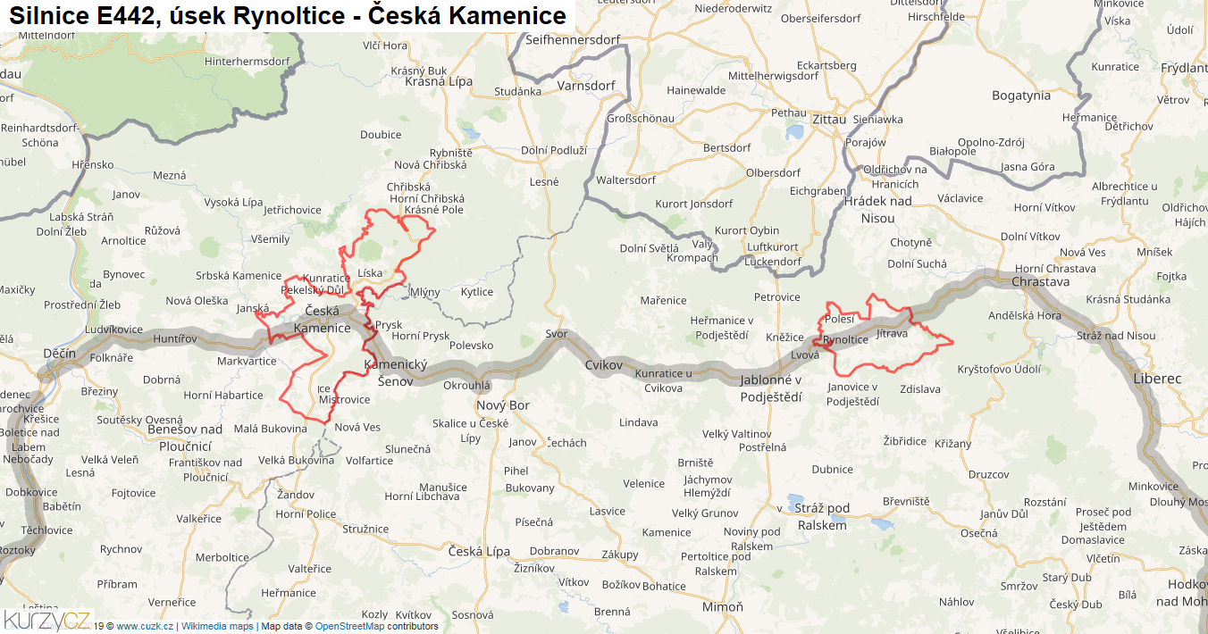 Úsek Rynoltice - Česká Kamenice, Silnice E442 - Mapa