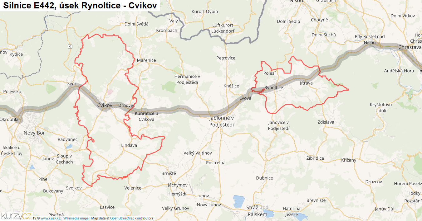 Úsek Rynoltice - Cvikov, Silnice E442 - Mapa