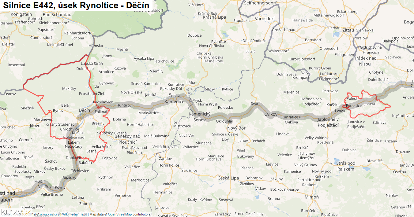 Úsek Rynoltice - Děčín, Silnice E442 - Mapa