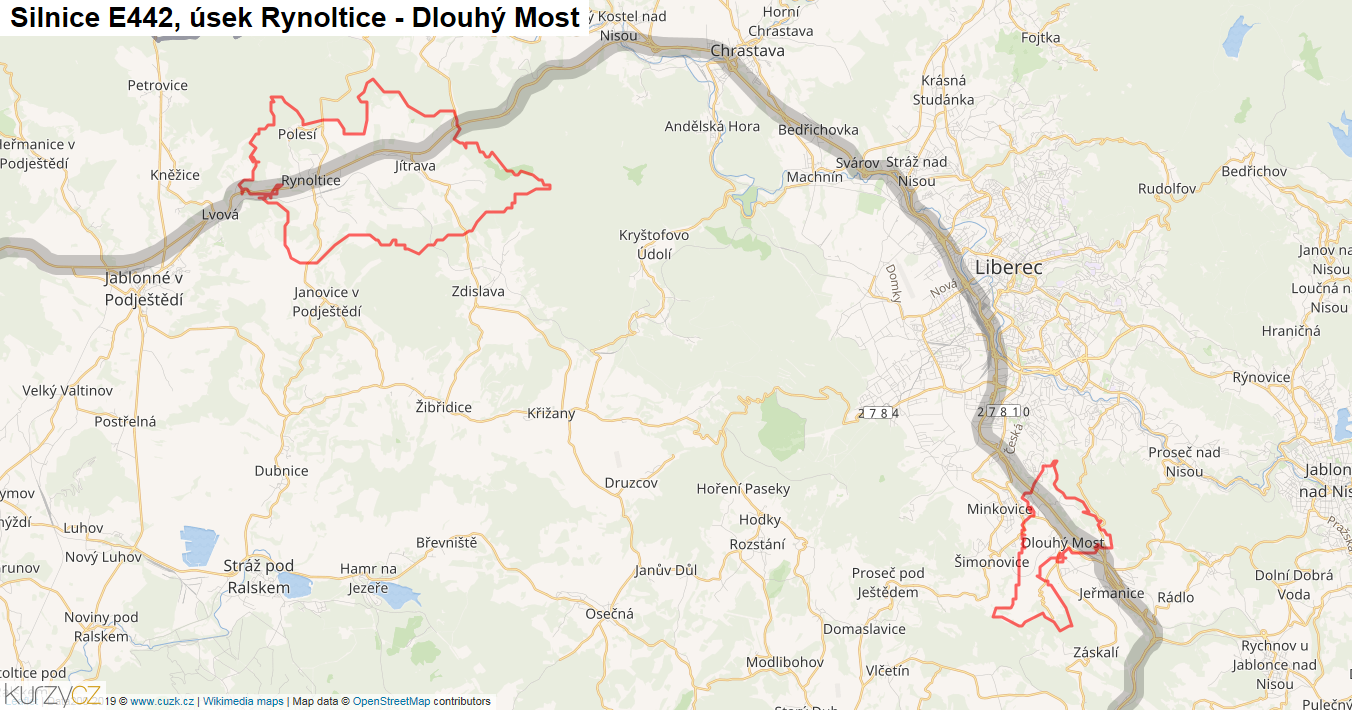 Úsek Rynoltice - Dlouhý Most, Silnice E442 - Mapa