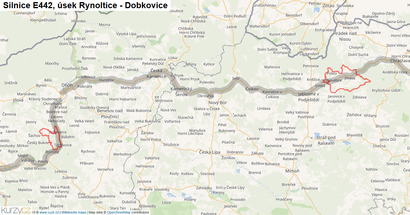 Úsek Rynoltice - Dobkovice, Silnice E442 - Mapa