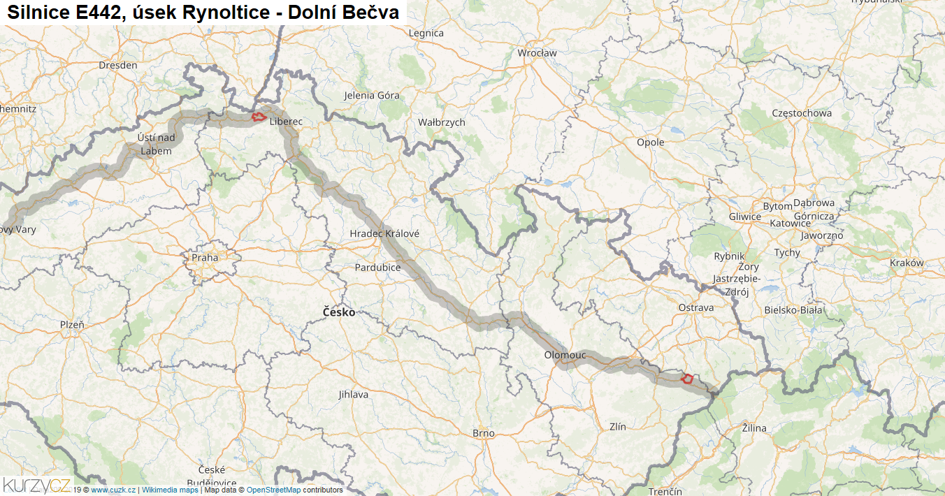 Úsek Rynoltice - Dolní Bečva, Silnice E442 - Mapa