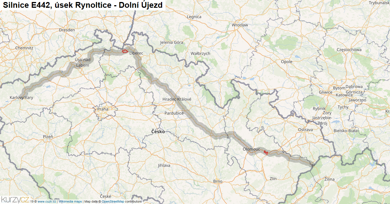 Úsek Rynoltice - Dolní Újezd, Silnice E442 - Mapa