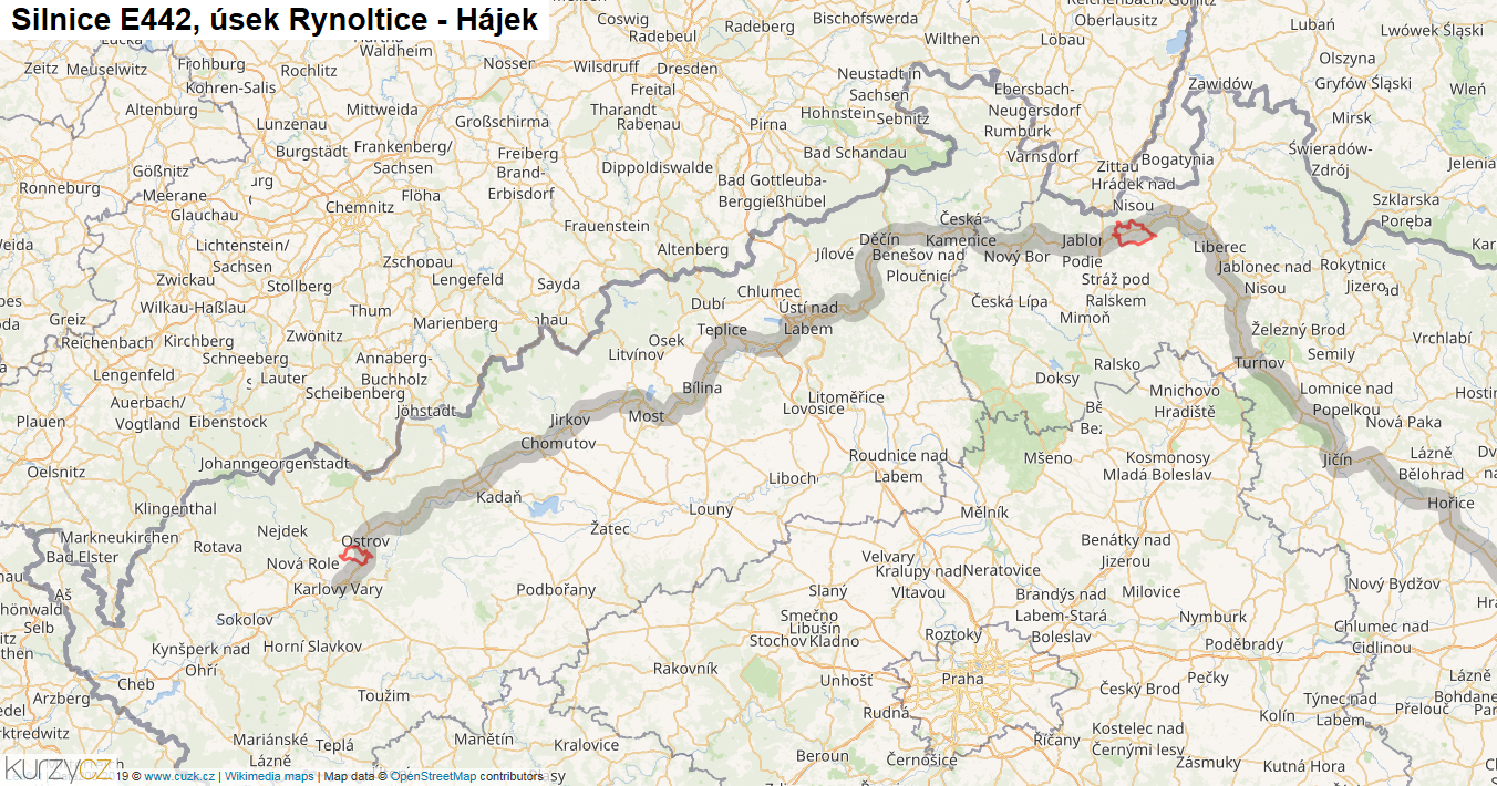 Úsek Rynoltice - Hájek, Silnice E442 - Mapa