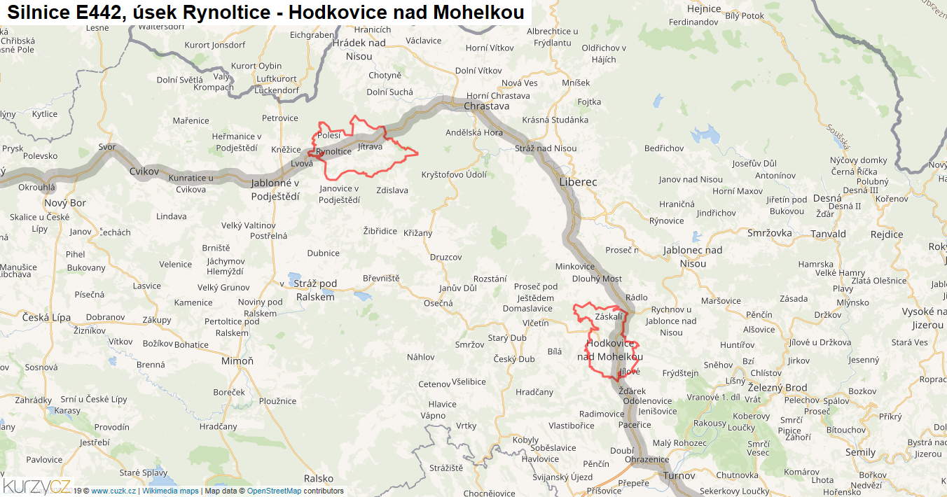 Úsek Rynoltice - Hodkovice nad Mohelkou, Silnice E442 - Mapa