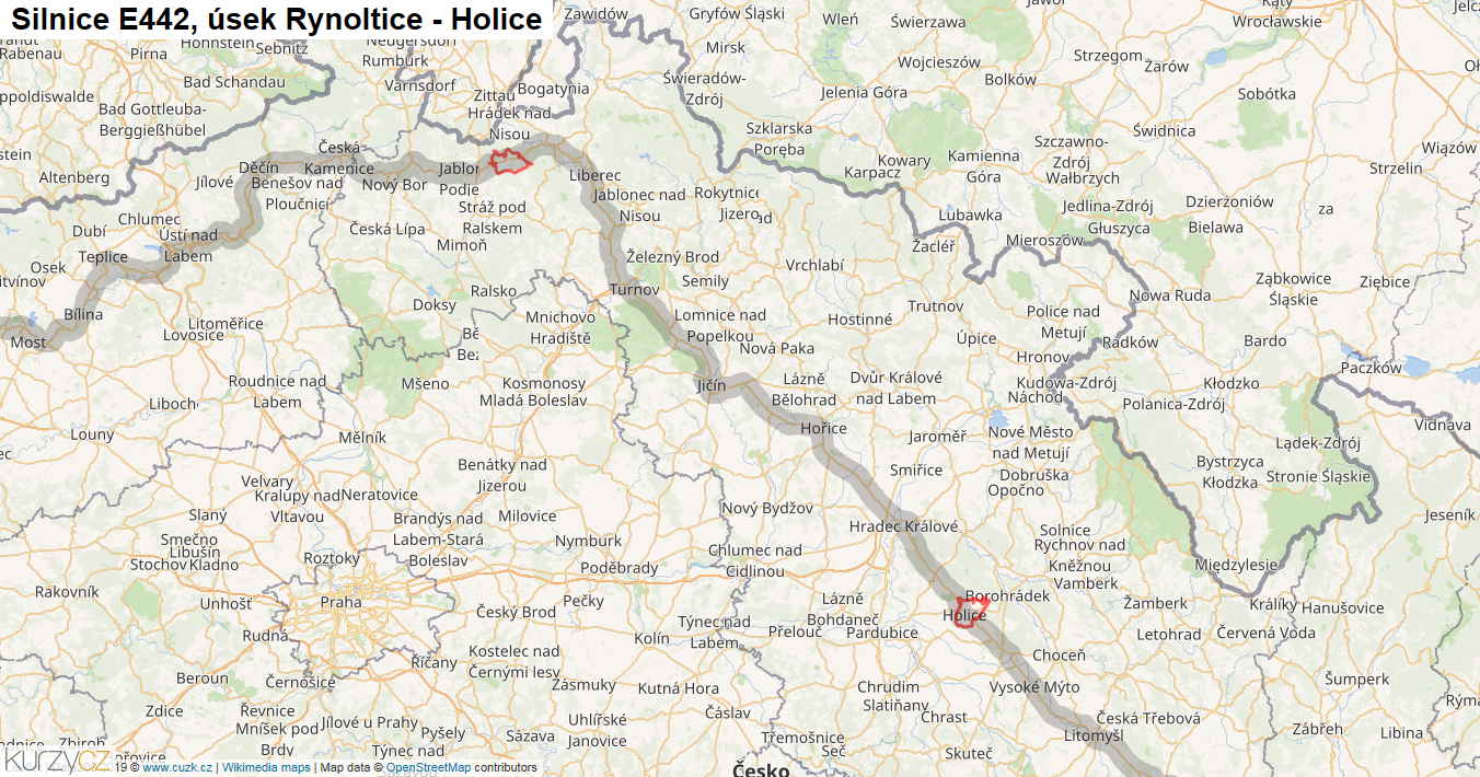 Úsek Rynoltice - Holice, Silnice E442 - Mapa
