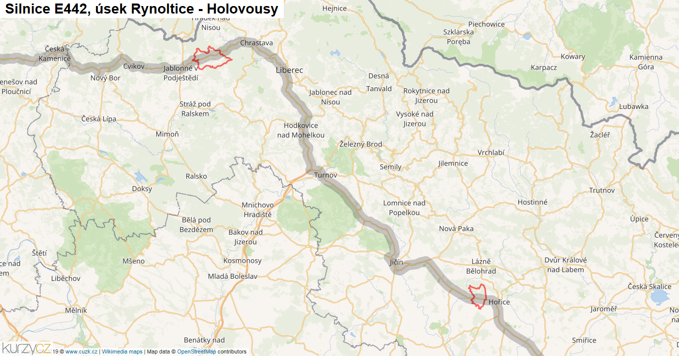 Úsek Rynoltice - Holovousy, Silnice E442 - Mapa