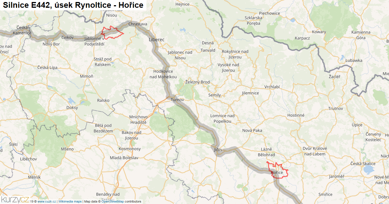 Úsek Rynoltice - Hořice, Silnice E442 - Mapa