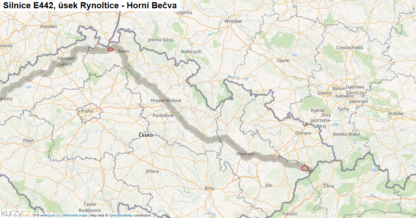 Úsek Rynoltice - Horní Bečva, Silnice E442 - Mapa