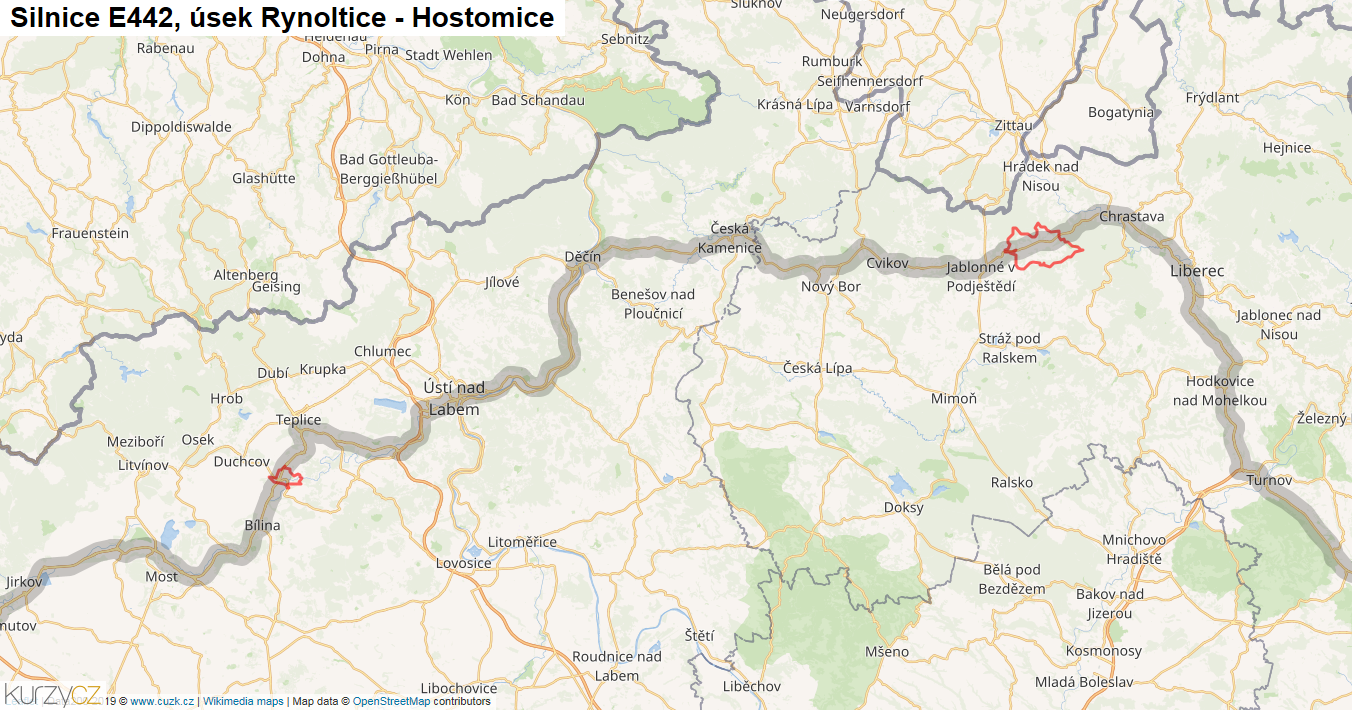 Úsek Rynoltice - Hostomice, Silnice E442 - Mapa