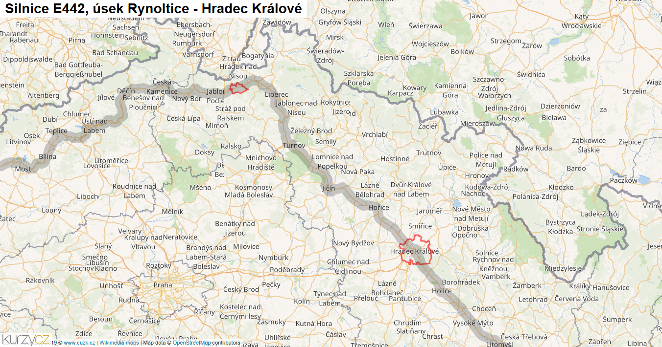 Úsek Rynoltice - Hradec Králové, Silnice E442 - Mapa