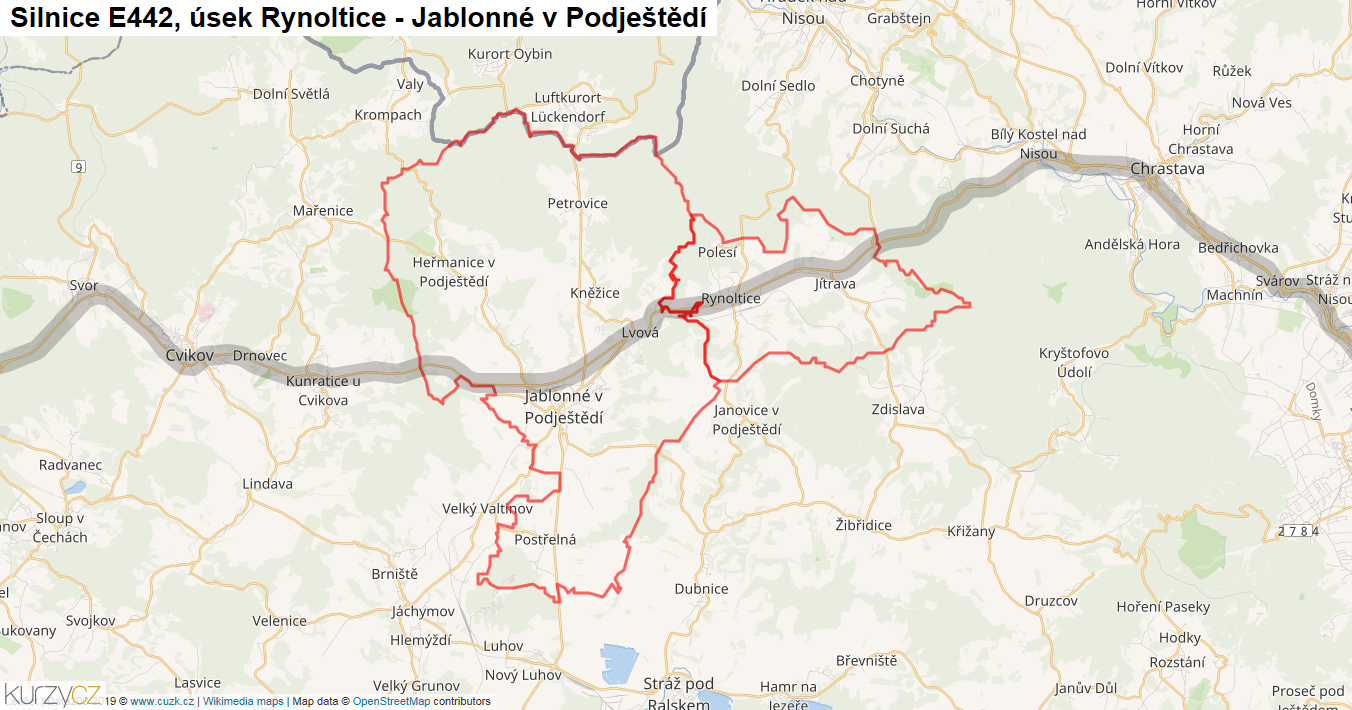Úsek Rynoltice - Jablonné v Podještědí, Silnice E442 - Mapa