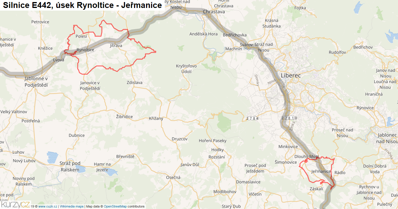 Úsek Rynoltice - Jeřmanice, Silnice E442 - Mapa