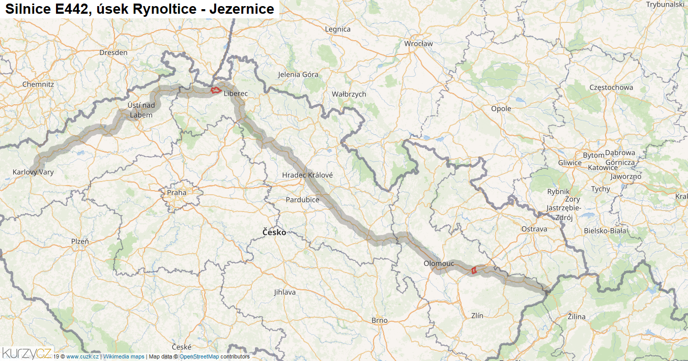Úsek Rynoltice - Jezernice, Silnice E442 - Mapa