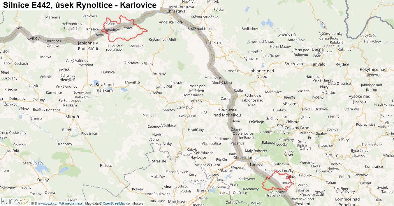 Úsek Rynoltice - Karlovice, Silnice E442 - Mapa