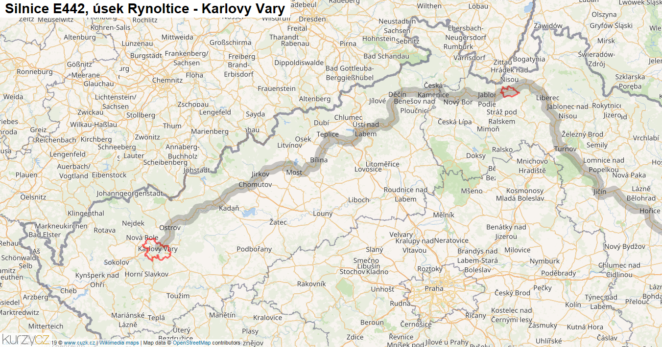Úsek Rynoltice - Karlovy Vary, Silnice E442 - Mapa