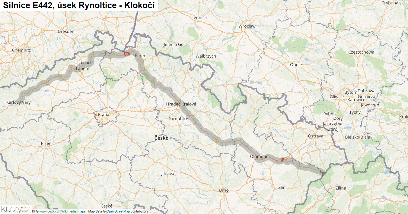 Úsek Rynoltice - Klokočí, Silnice E442 - Mapa