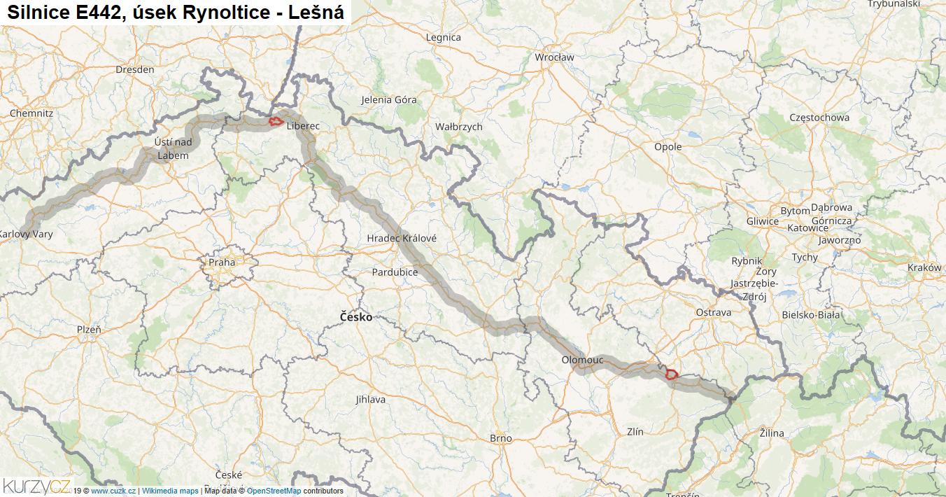 Úsek Rynoltice - Lešná, Silnice E442 - Mapa