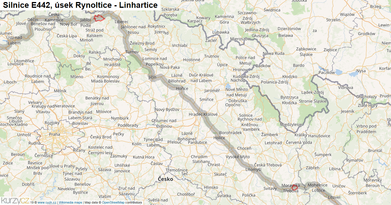 Úsek Rynoltice - Linhartice, Silnice E442 - Mapa