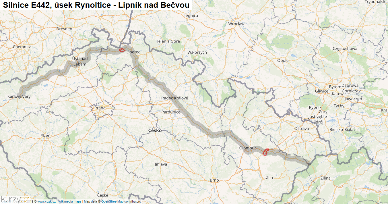 Úsek Rynoltice - Lipník nad Bečvou, Silnice E442 - Mapa