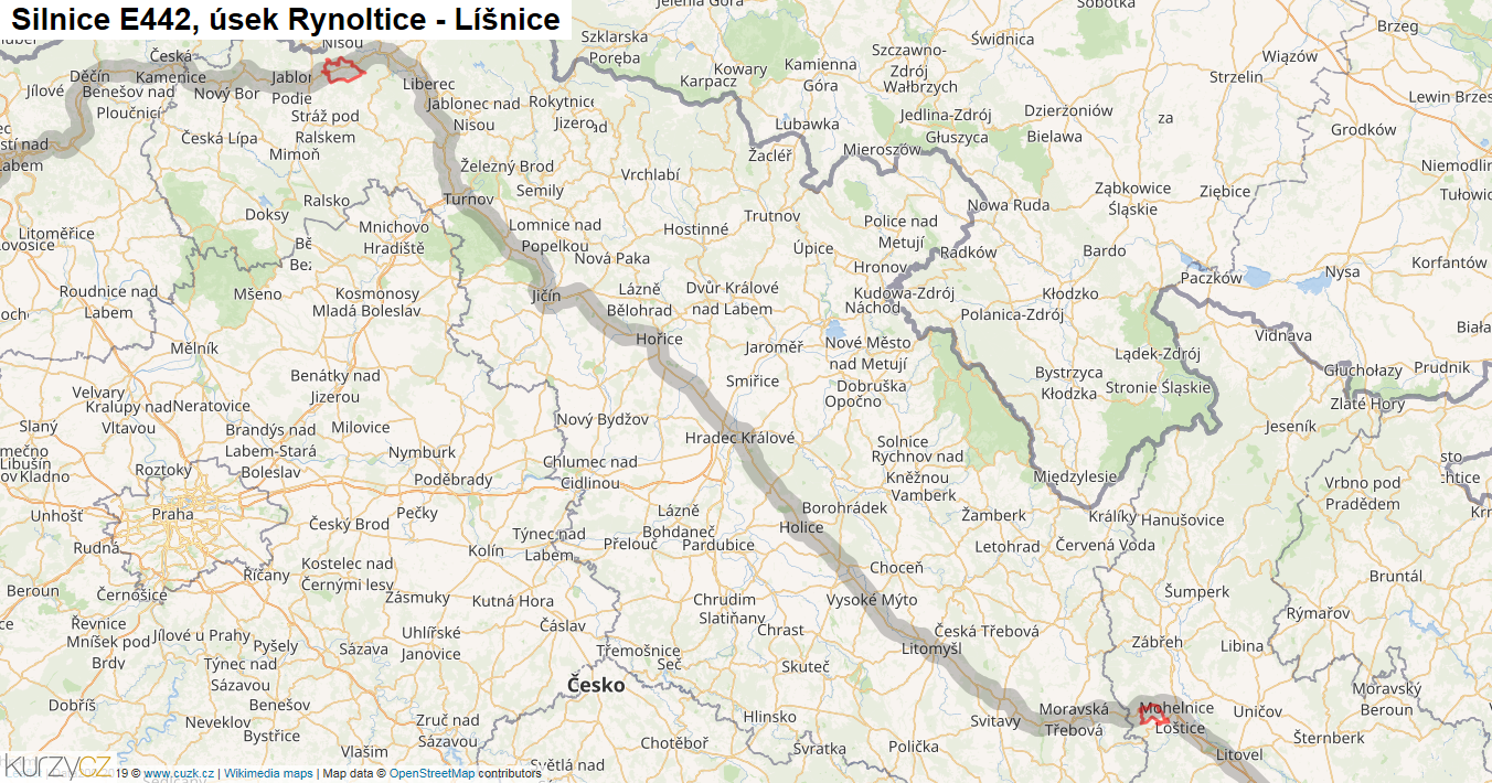 Úsek Rynoltice - Líšnice, Silnice E442 - Mapa