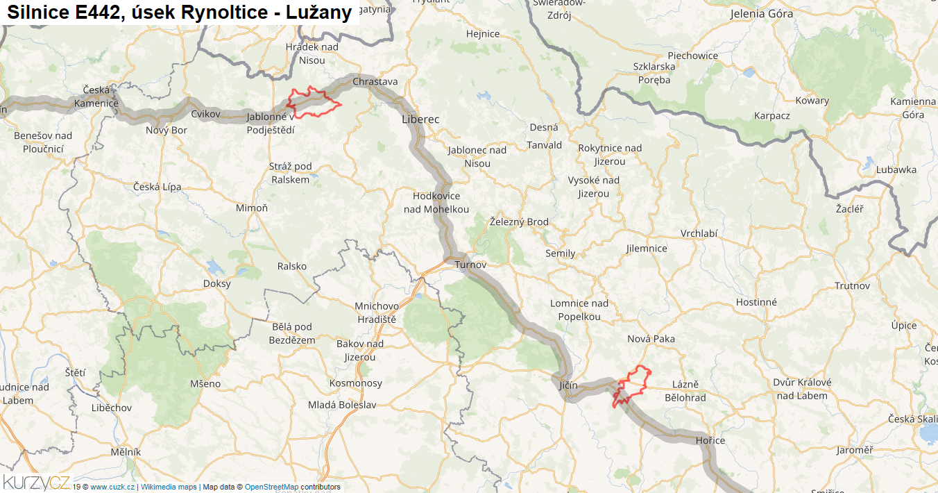 Úsek Rynoltice - Lužany, Silnice E442 - Mapa