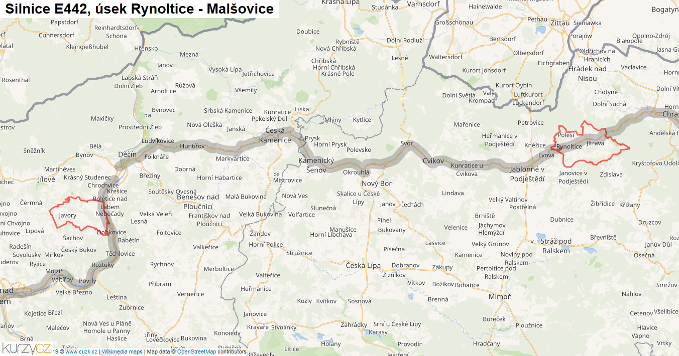 Úsek Rynoltice - Malšovice, Silnice E442 - Mapa