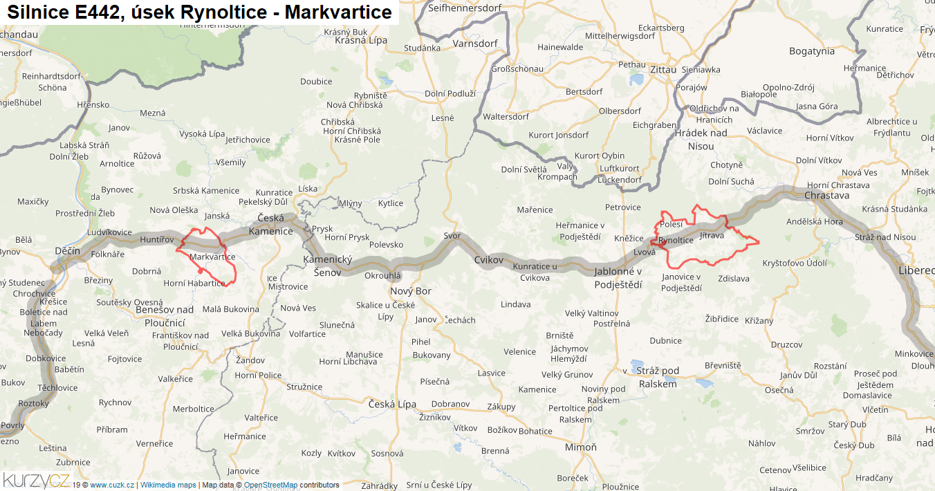 Úsek Rynoltice - Markvartice, Silnice E442 - Mapa