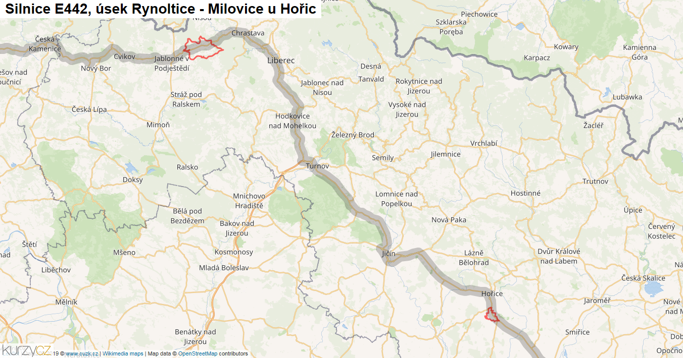 Úsek Rynoltice - Milovice u Hořic, Silnice E442 - Mapa