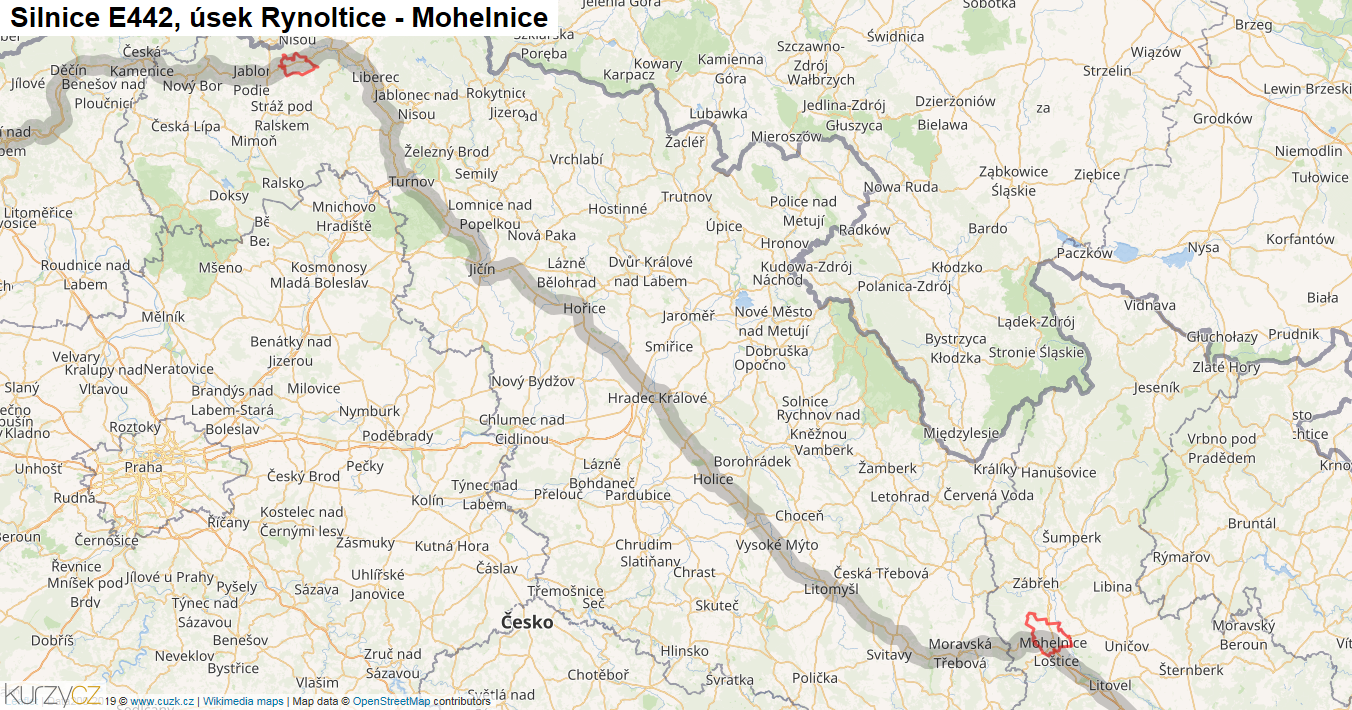 Úsek Rynoltice - Mohelnice, Silnice E442 - Mapa
