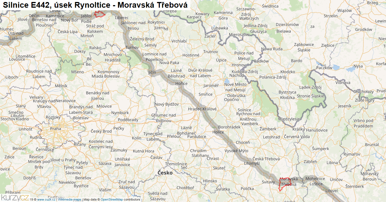 Úsek Rynoltice - Moravská Třebová, Silnice E442 - Mapa