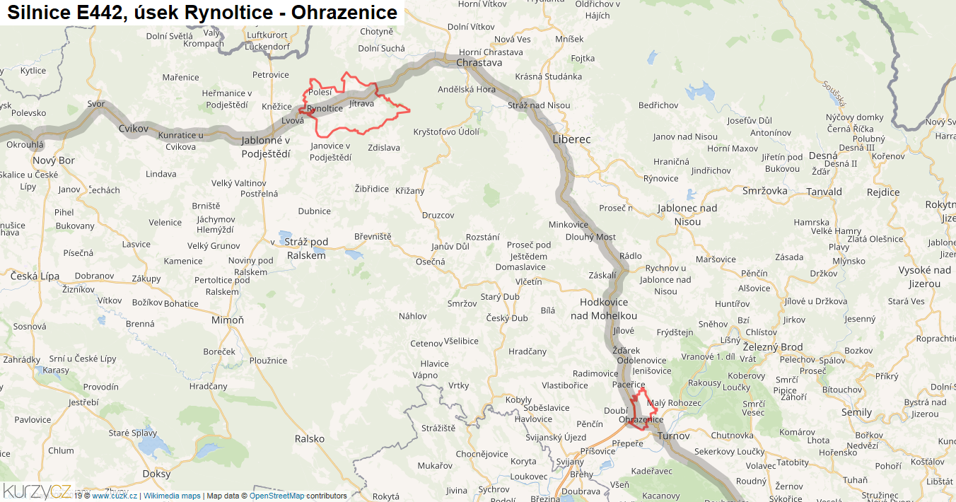 Úsek Rynoltice - Ohrazenice, Silnice E442 - Mapa