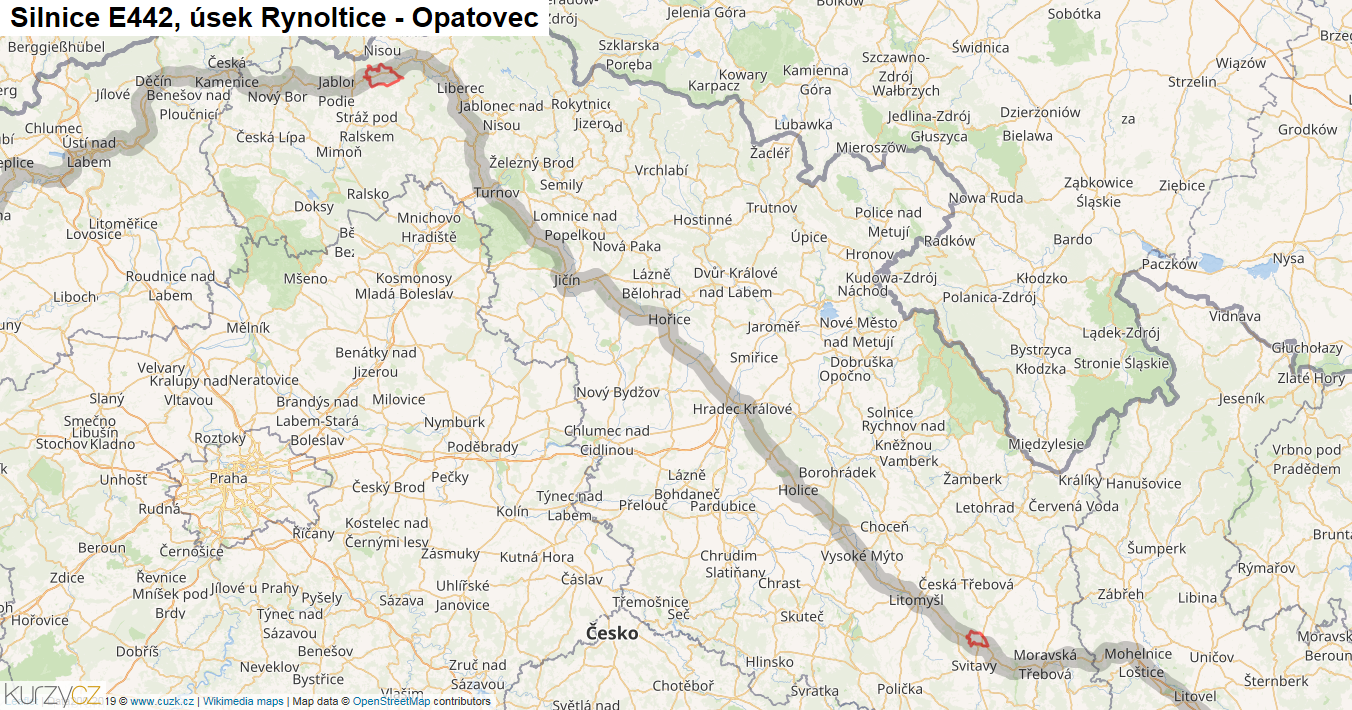 Úsek Rynoltice - Opatovec, Silnice E442 - Mapa