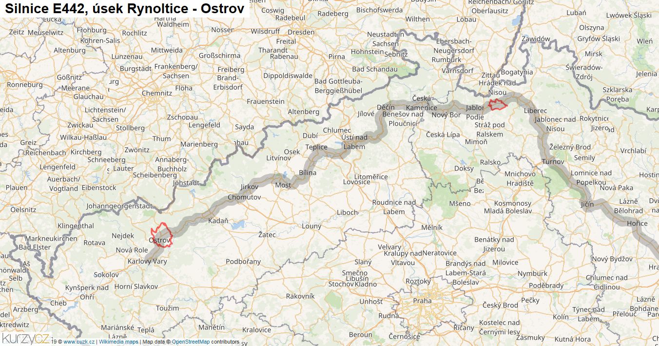 Úsek Rynoltice - Ostrov, Silnice E442 - Mapa