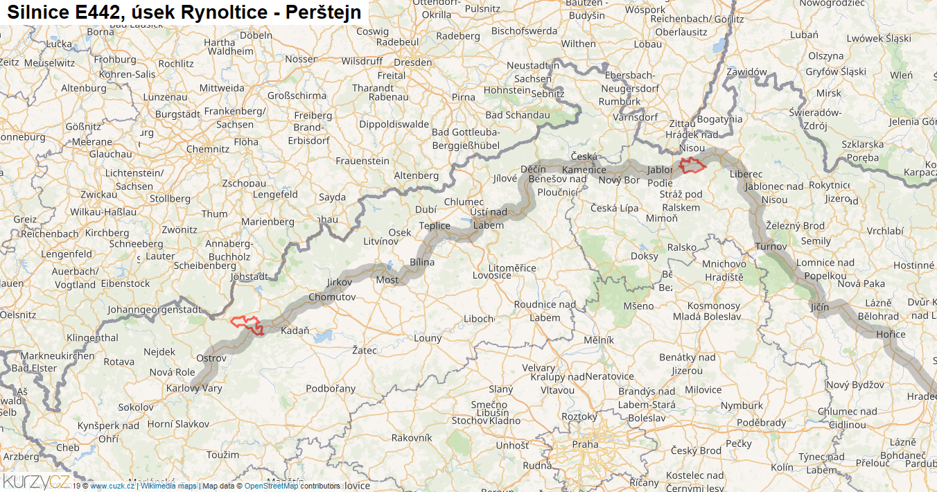 Úsek Rynoltice - Perštejn, Silnice E442 - Mapa