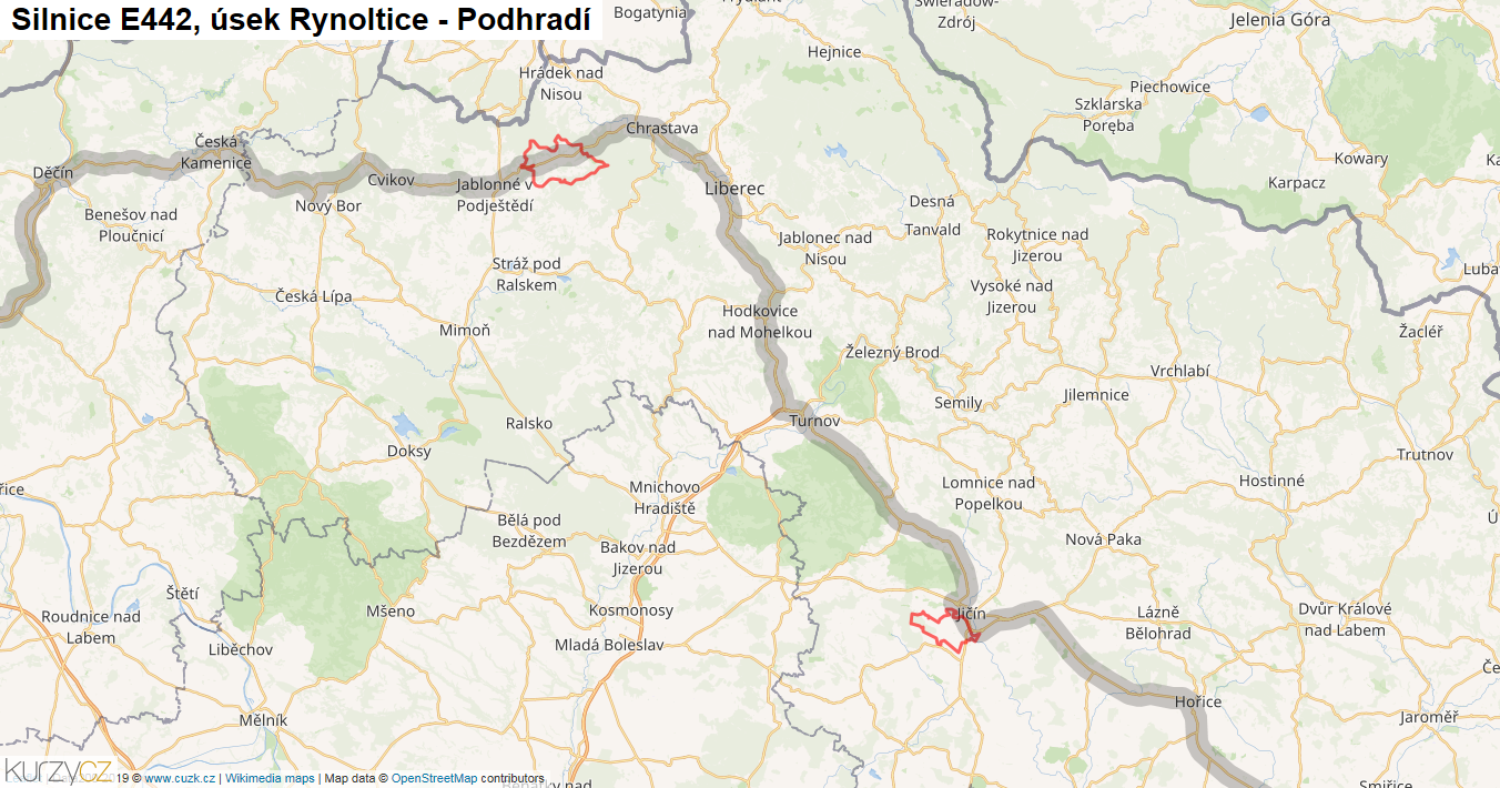 Úsek Rynoltice - Podhradí, Silnice E442 - Mapa