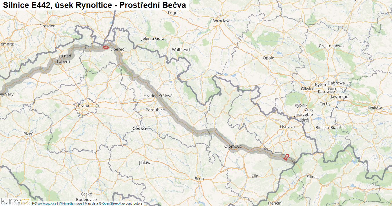 Úsek Rynoltice - Prostřední Bečva, Silnice E442 - Mapa
