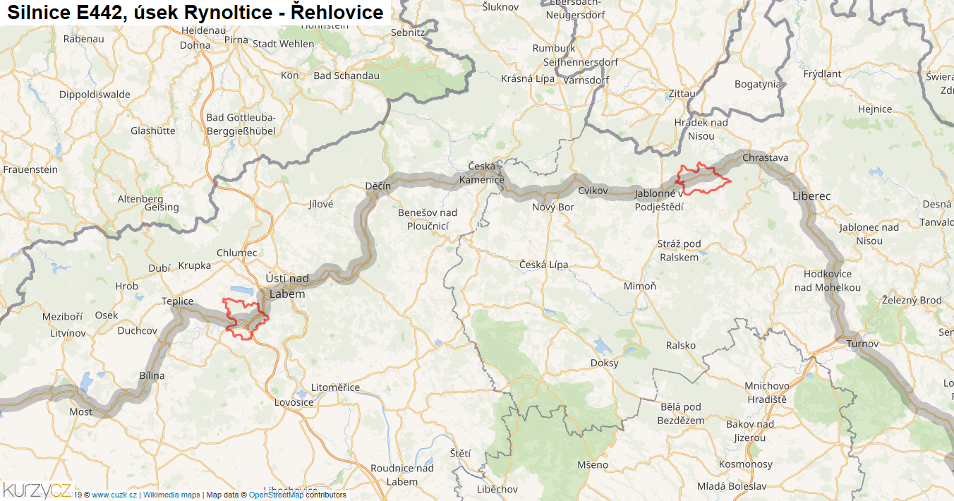 Úsek Rynoltice - Řehlovice, Silnice E442 - Mapa
