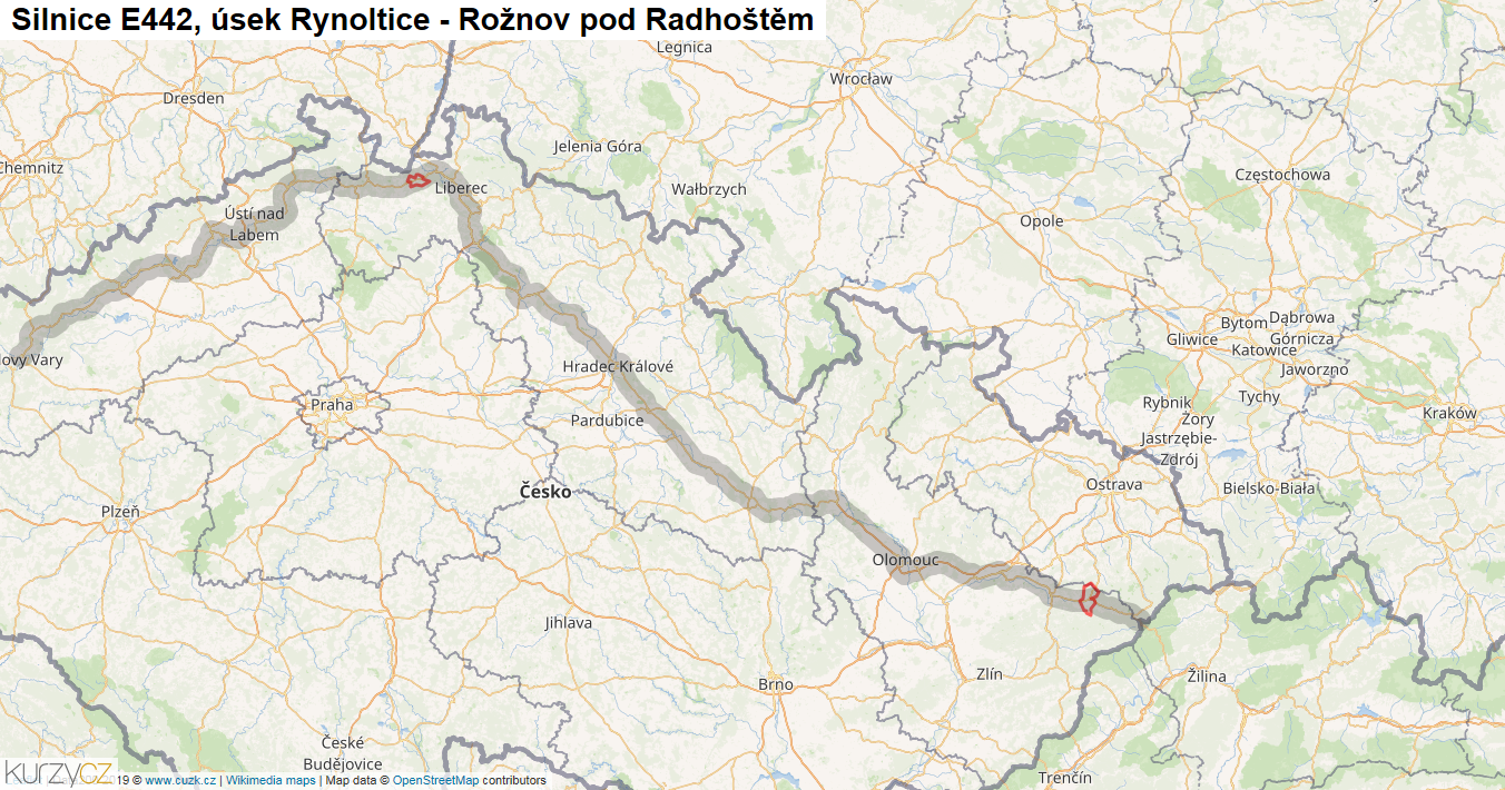 Úsek Rynoltice - Rožnov pod Radhoštěm, Silnice E442 - Mapa