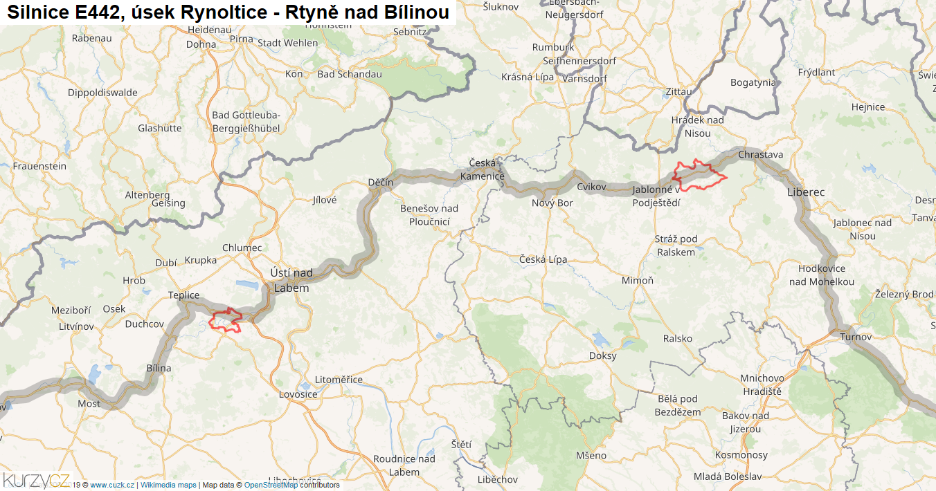 Úsek Rynoltice - Rtyně nad Bílinou, Silnice E442 - Mapa