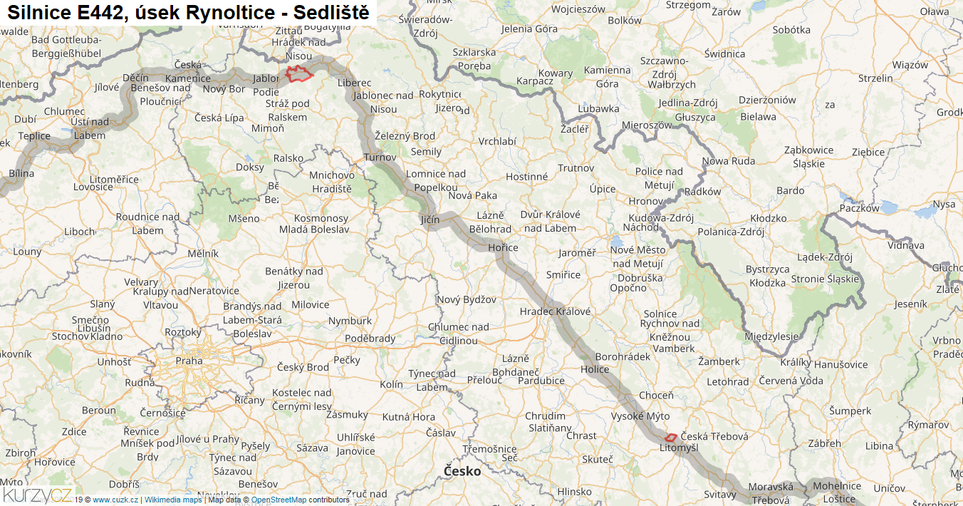 Úsek Rynoltice - Sedliště, Silnice E442 - Mapa