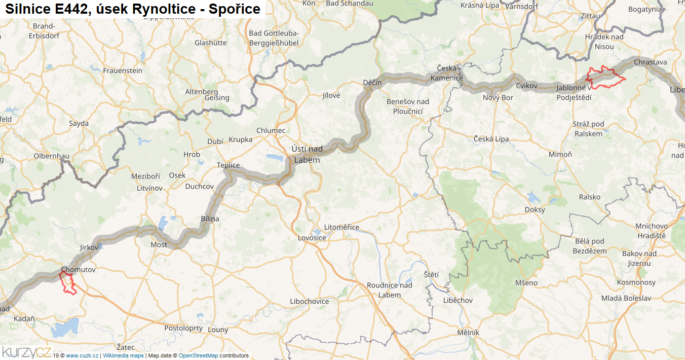 Úsek Rynoltice - Spořice, Silnice E442 - Mapa