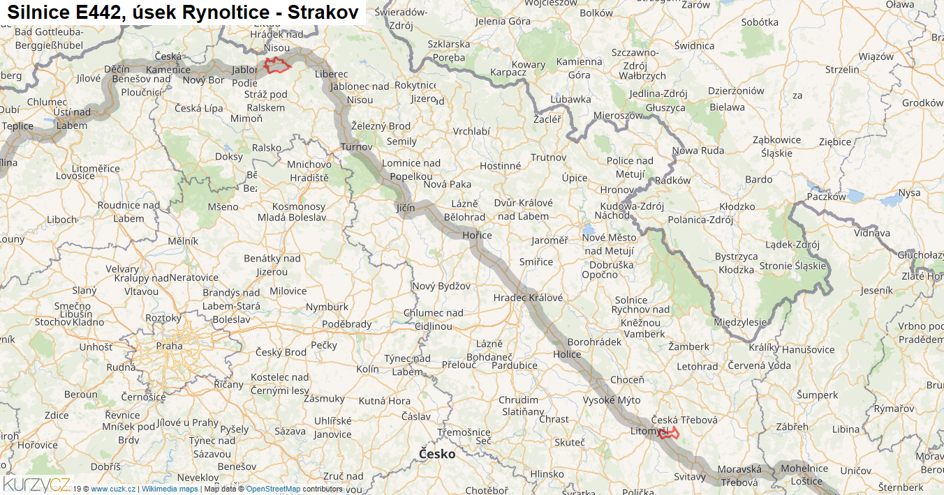 Úsek Rynoltice - Strakov, Silnice E442 - Mapa