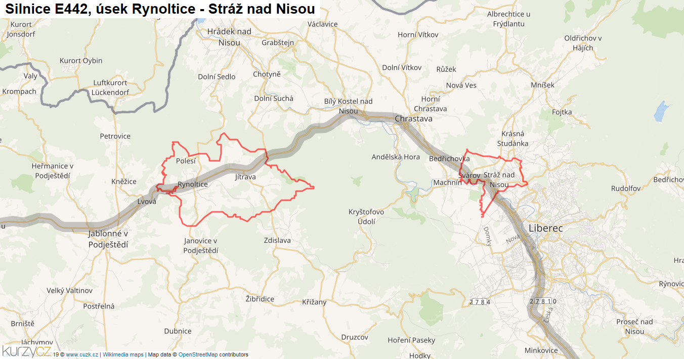 Úsek Rynoltice - Stráž nad Nisou, Silnice E442 - Mapa