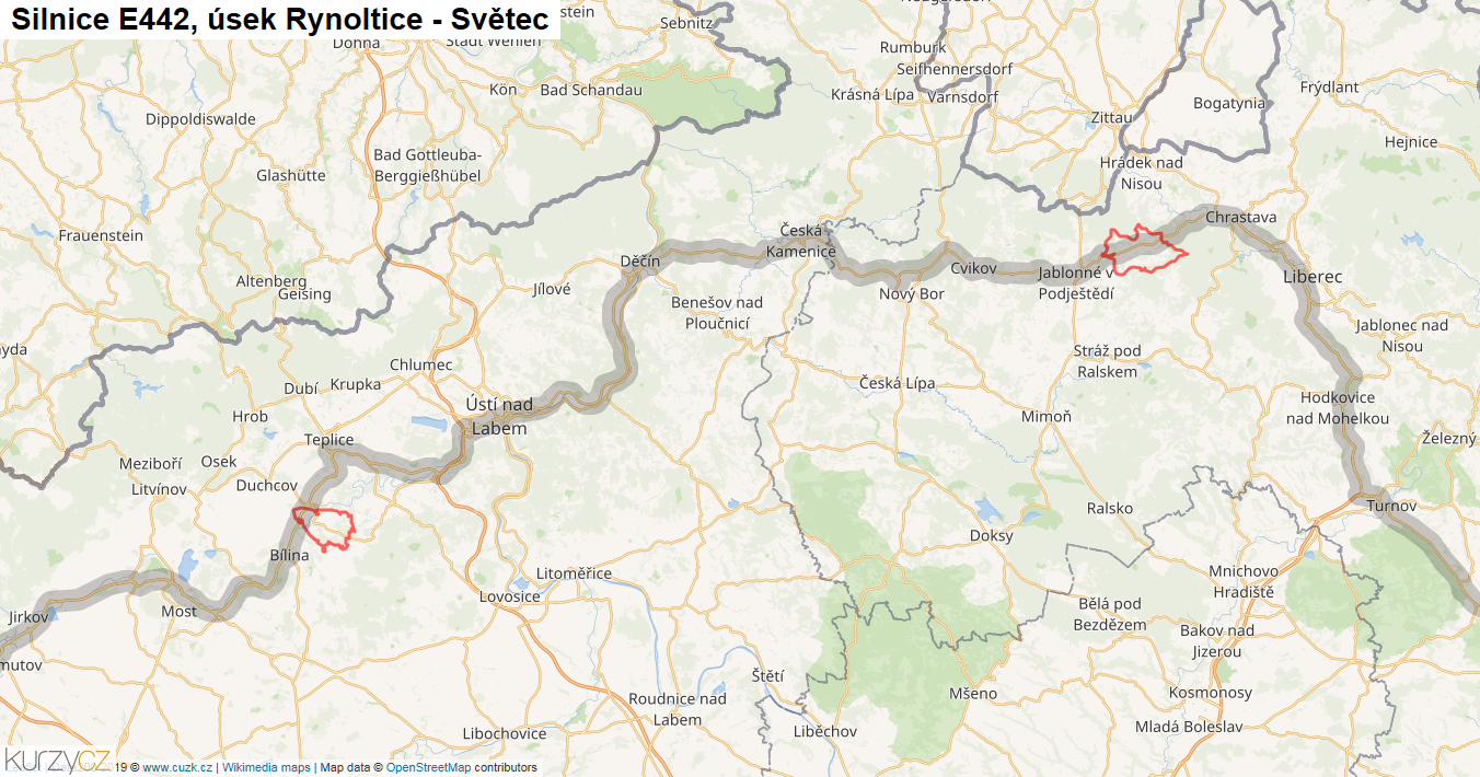 Úsek Rynoltice - Světec, Silnice E442 - Mapa