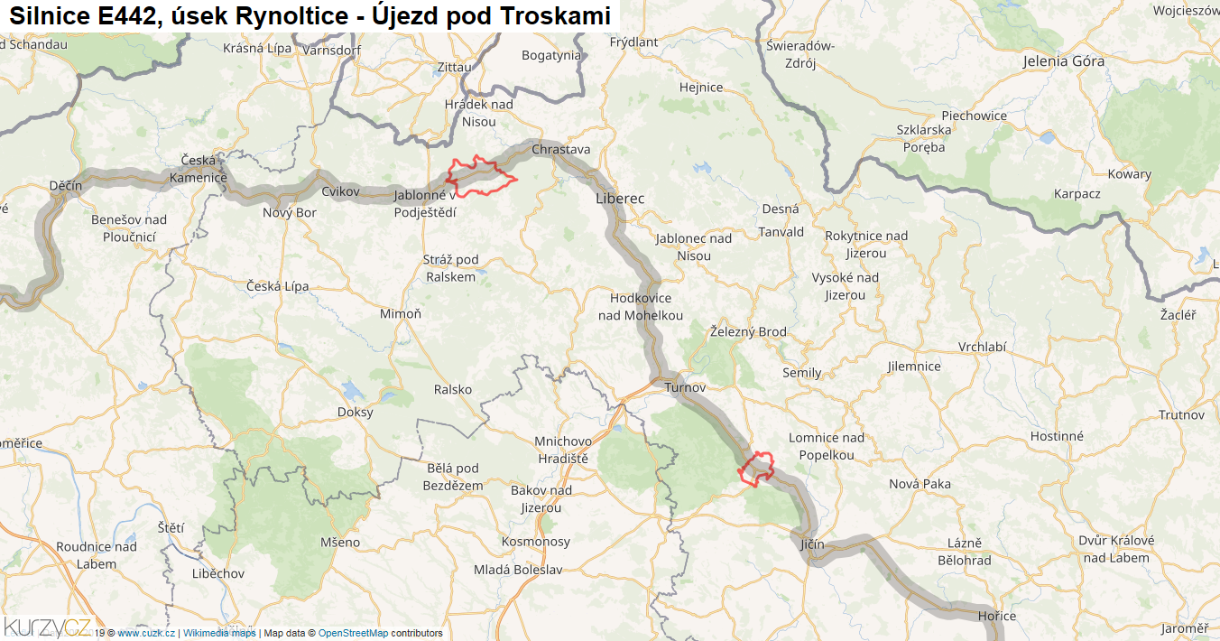 Úsek Rynoltice - Újezd pod Troskami, Silnice E442 - Mapa