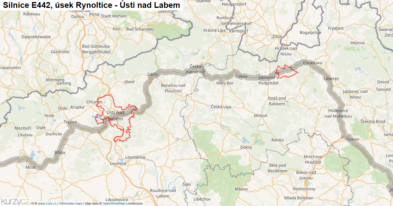Úsek Rynoltice - Ústí nad Labem, Silnice E442 - Mapa